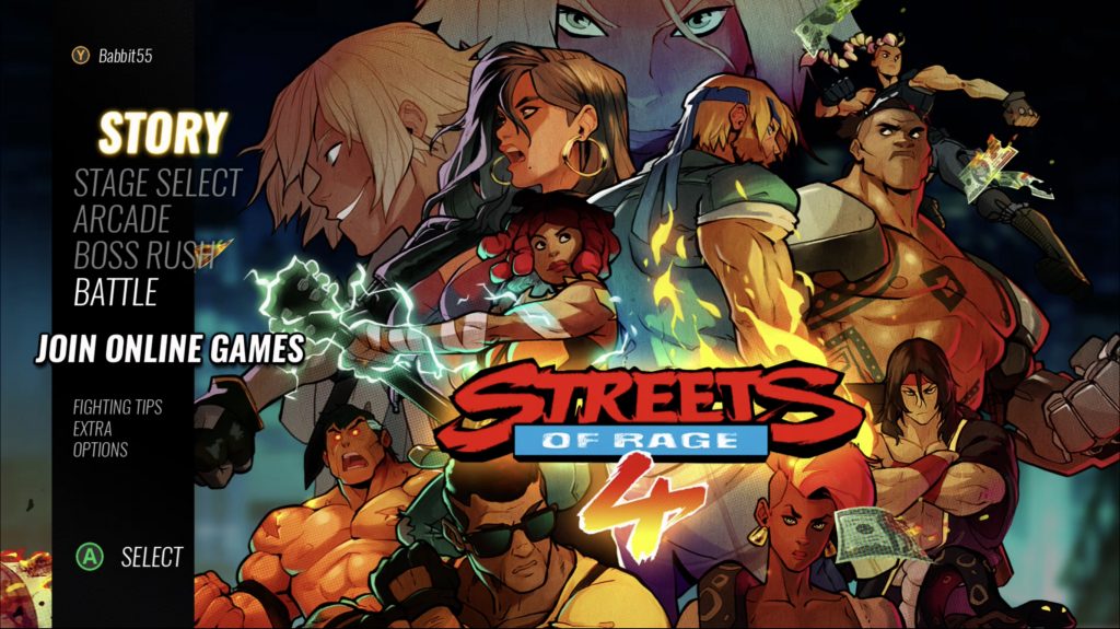 Streets of Rage 4 Title Screen with mode selection. 