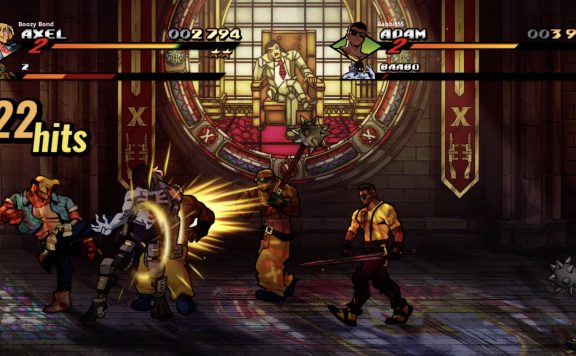 Streets of Rage 4 - Adam and Axel fight off thugs in front of a stained glass window.