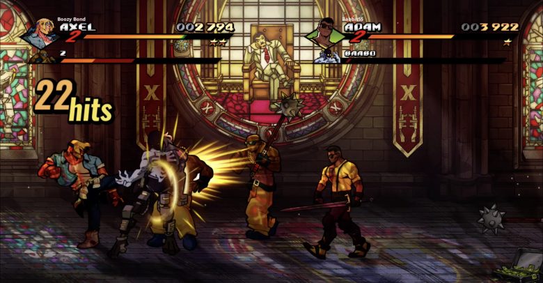 Streets of Rage 4 - Adam and Axel fight off thugs in front of a stained glass window.