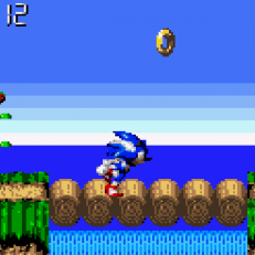 Sonic Blast - Sonic runs across a bridge in a lush hilly zone.