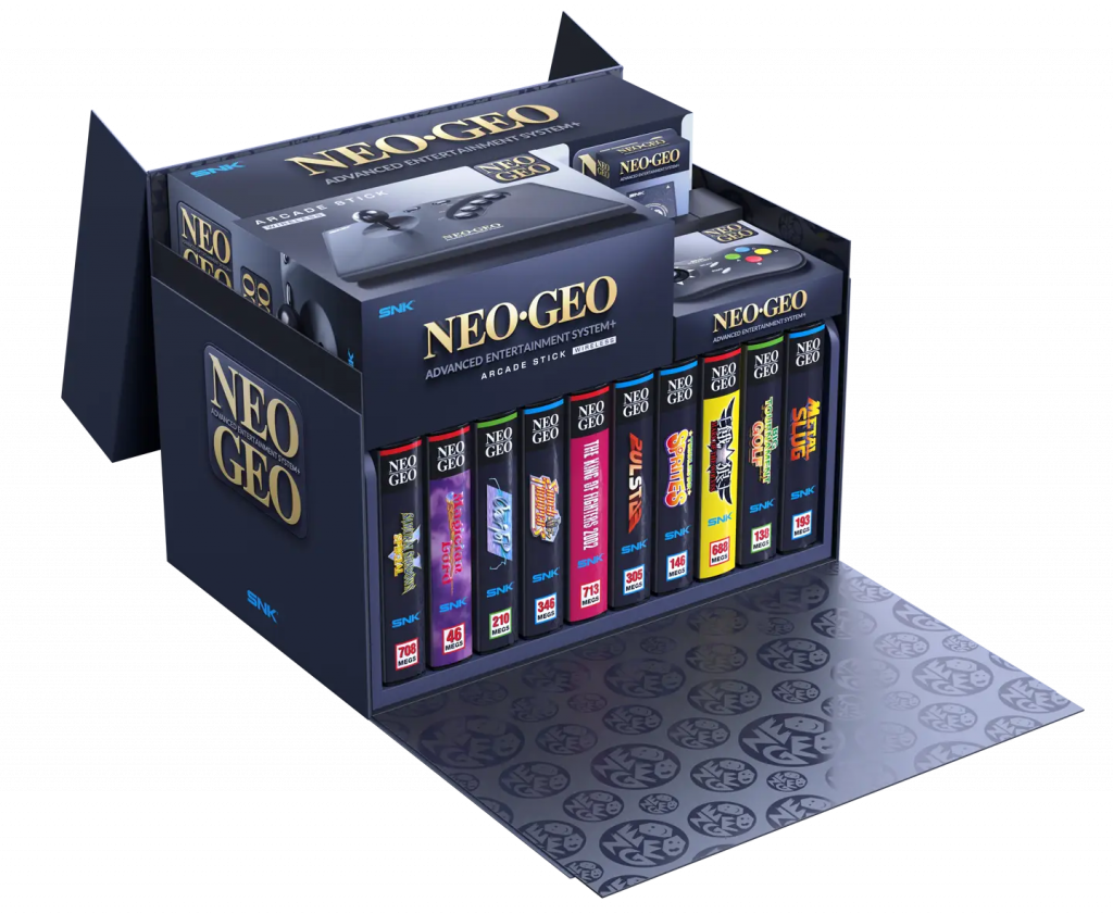 NEOGEO AES+ ultimate bundle box. This box includes all launch games plus additional accessories.