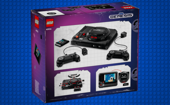 lego genesis box on a blue lego stud background.