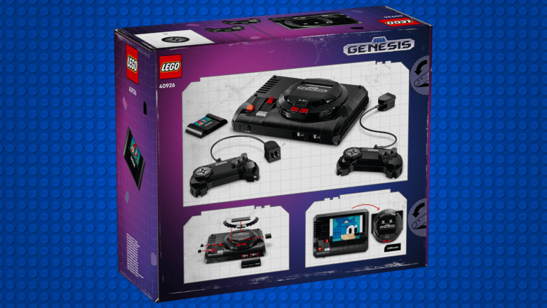 lego genesis box on a blue lego stud background.