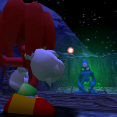 Knuckles faces down Chaos in front of the Master Emerald.