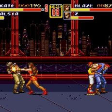 Streets of Rage 2 screenshot of Blaze and Skate fighting on a bridge.