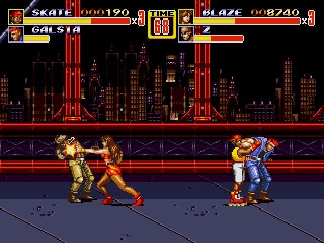 Streets of Rage 2 screenshot of Blaze and Skate fighting on a bridge.