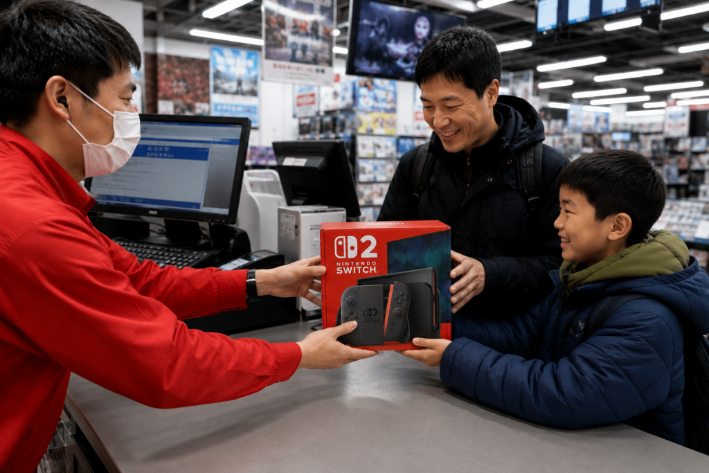 A by and his father purchasing a Nintendo Switch 2 - This image is an AI generated image.