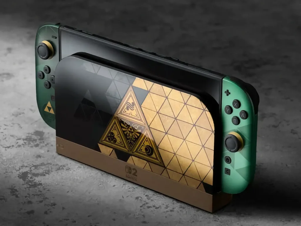 The Legend of Zelda: Ocarina of Time limited edition Switch 2 console in it's themed dock.