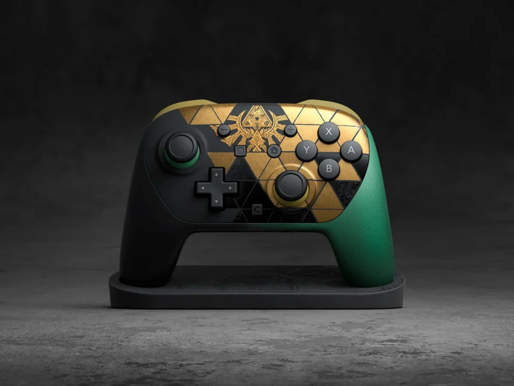 Legend of Zelda: Ocarina of Time limited edition Switch 2 Pro controller lay on its stand.