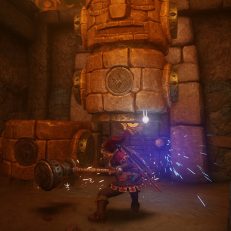 Link breaks down a totem with a large hammer.