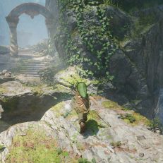 Young Link explores an overgrown ruin.