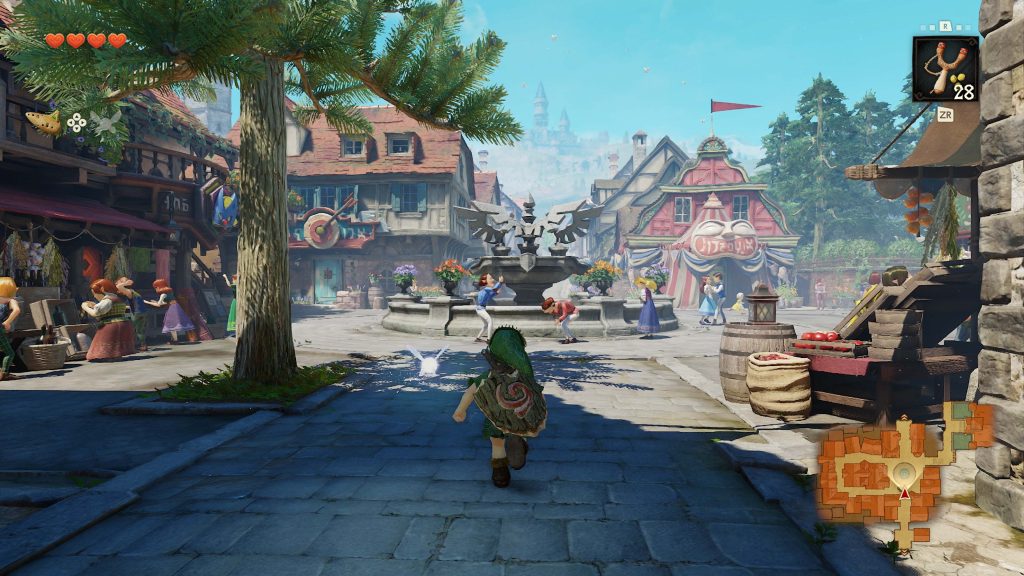 Link explores a bustling town in the remake of The Legend of Zelda: Ocarina of Time for the Switch 2.